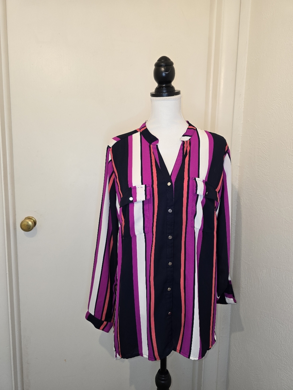 NY Collection Striped Button-Up Blouse With Mandarin Collar High Low Sz 2X